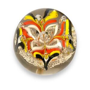 VNTG Art Glass Round Floral Paperweight Clear Glass Black Orange Yellow 60/70s